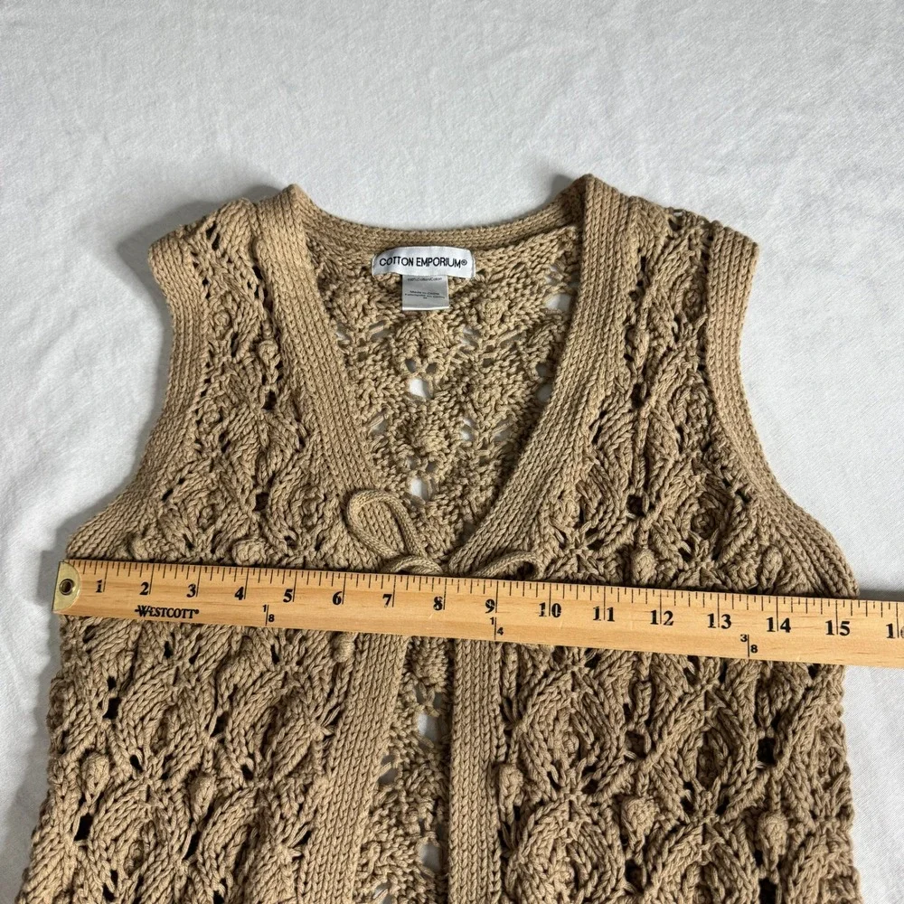 Cotton Emporium Tan Crochet‎ Knit Tie Front Vest Boho Sleeveless Cardigan Medium